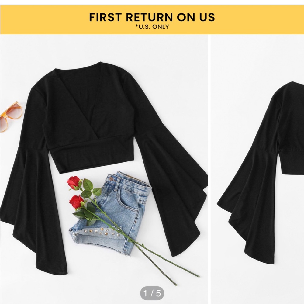 Black bell sleeve cropped blouse